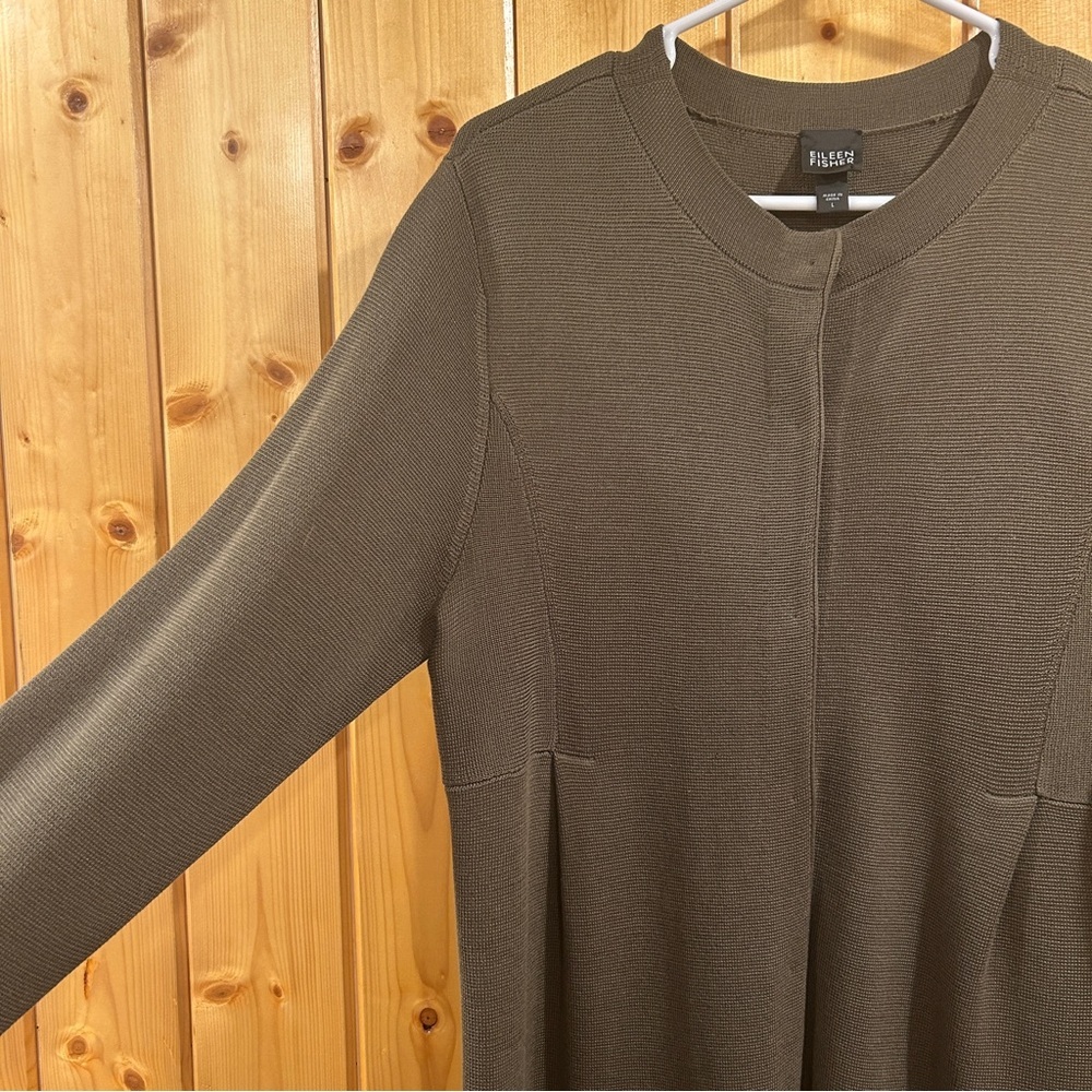 Eileen Fisher Silk Cotton Interlock Snap Long Cardigan Jacket Olive Green Size L